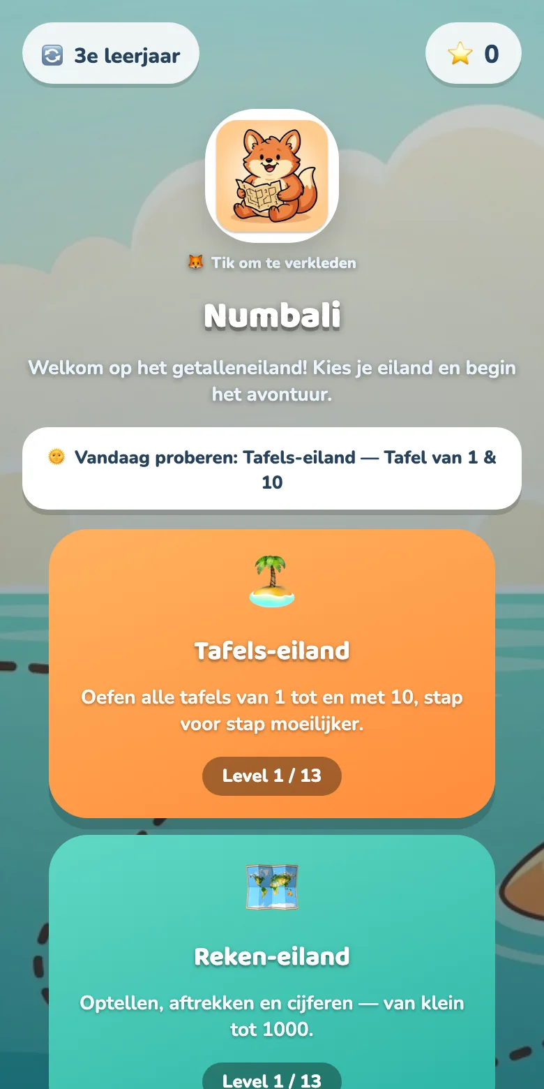 Startscherm van Numbali met het vosje, Tafels-eiland en Reken-eiland